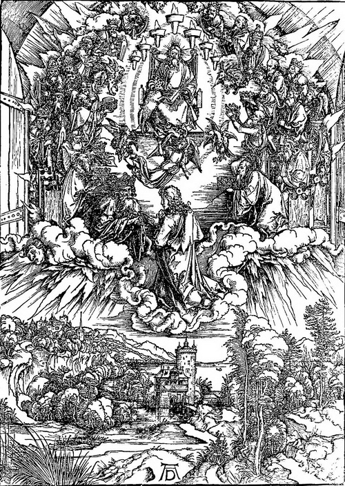 Альбрехт Дюрер. Гравюра "Видение Небесных врат" из серии "Апокалипсис". Серия  гравюр на эту тему была закончены в 1498 году, когда Германия переживала апокалипсические настроения 