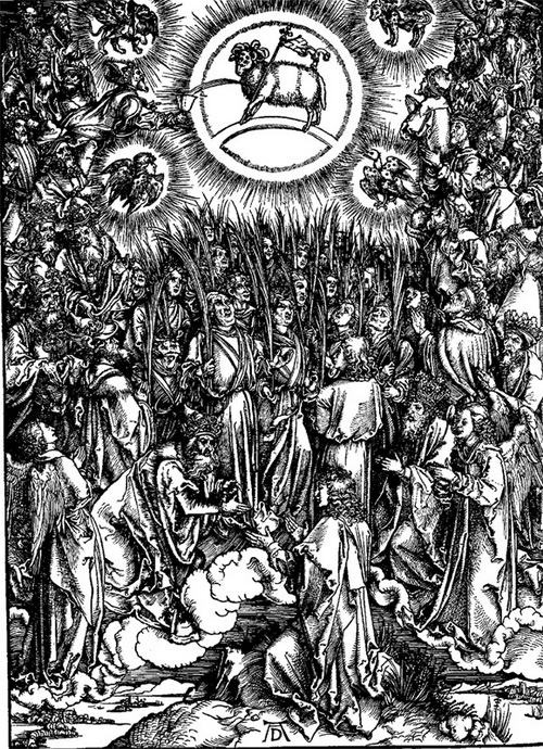 Альбрехт Дюрер. Гравюра "Хор праведных" из серии "Апокалипсис" . Серия  гравюр на эту тему была закончены в 1498 году, когда Германия переживала апокалипсические настроения