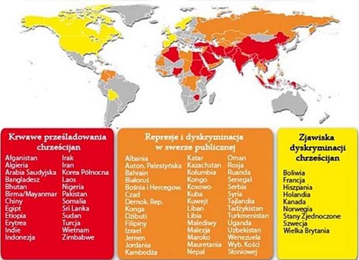 Польская карта преследования христиан в мире. Красным выделены страны, где имеют место "кровавые преследования", оранжевым - "репрессии и дискриминация в общественной сфере", желтым – "дискриминация" христиан
