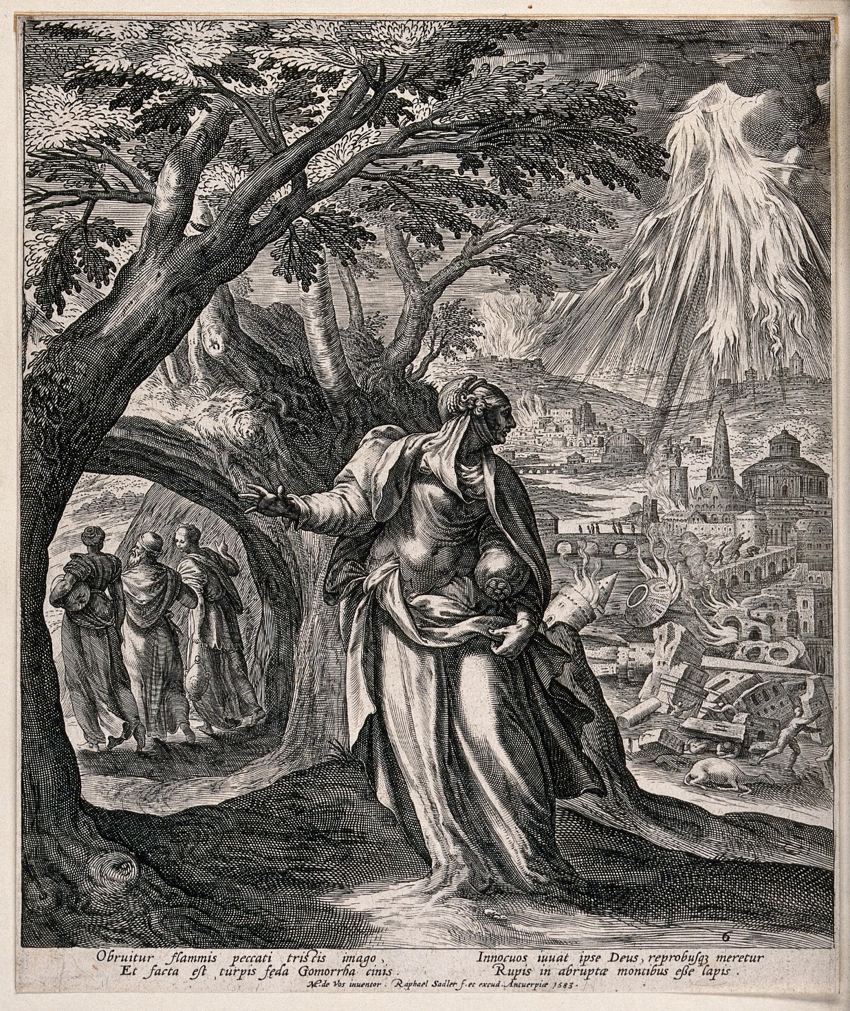 Жена Лота оглядывается на пламя, льющееся с небес на Содом; Лот и его дочери идут вперед. Автор Рафаель Саделер. Гравюра, 1583 год
