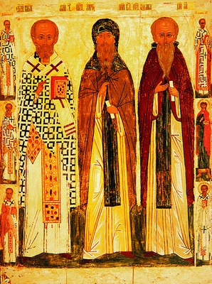 Святитель Николай Чудотворец, преподобные Антоний Великий и Афанасий Афонский, Икона, середина XVI века
