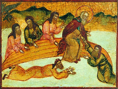 Преподобный Афанасий избавляет бывших с ним в лодке монахов от потопления. Клеймо иконы Божией Матери "Экономисса" с житием Афанасия Афонского. XVI I век 