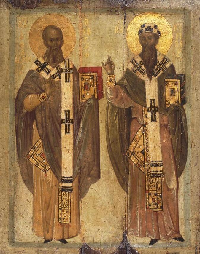 Святители Афанасий Великий и Кирилл Александрийские. Икона, начало XIV в.