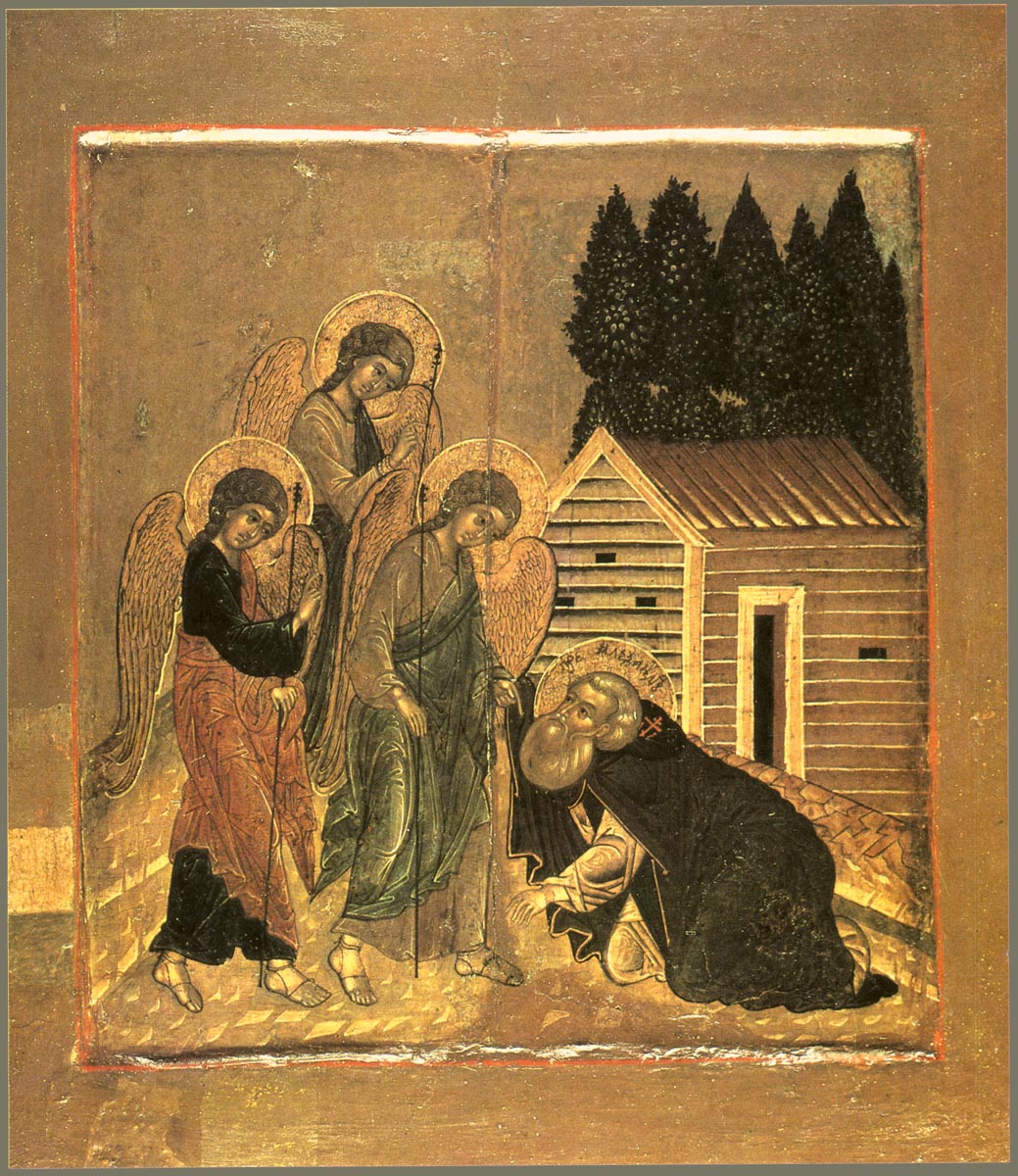 Явление Святой Троицы преподобному  Александру Свирскому. Икона, XVII век