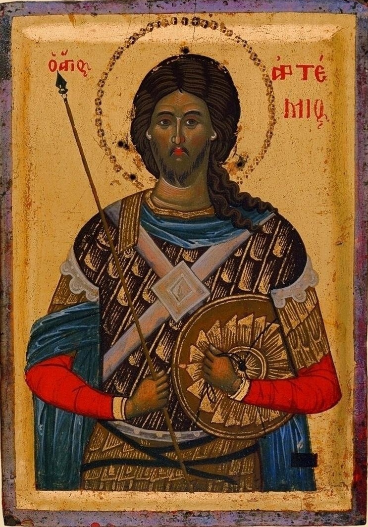 Великомученик воин Артемий Антиохийский. Икона, XVI век. Византия
