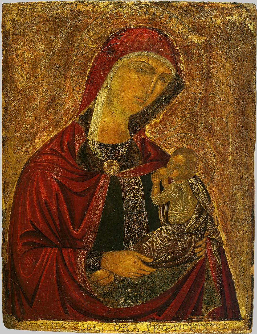 Икона Божией Матери "Млекопитательница", XVI в. Крит. Чеканка по сусальному золоту 