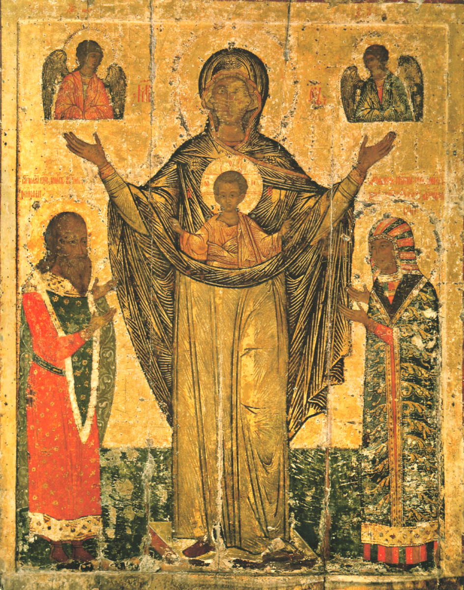 Мирожская икона Божией Матери с предстоящими святыми князем Довмонтом и княгиней Марией. Икона, 2-я половина XVI века 