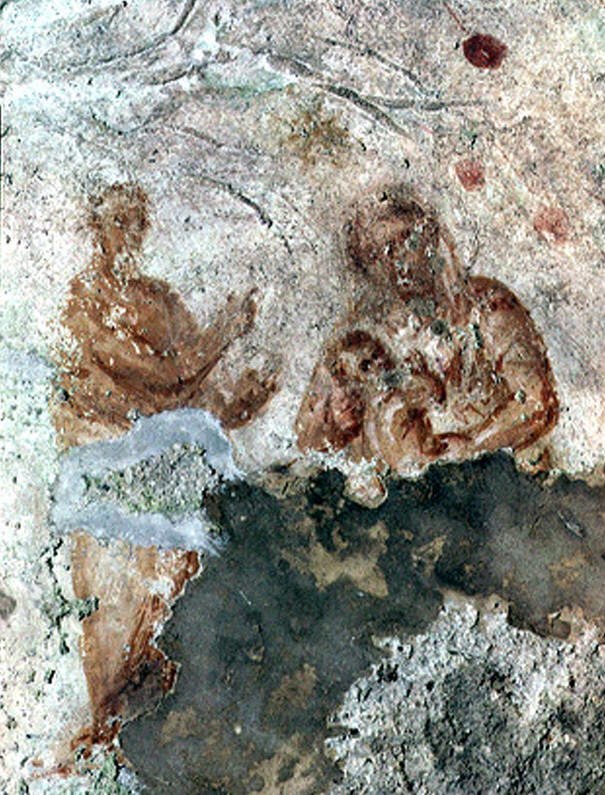 Древнейшее сохранившееся изображение Божией Матери с Младенцем. Рядом изображен ветхозаветный пророк, указывающий на Нее. Рим, катакомбы Присциллы, II век