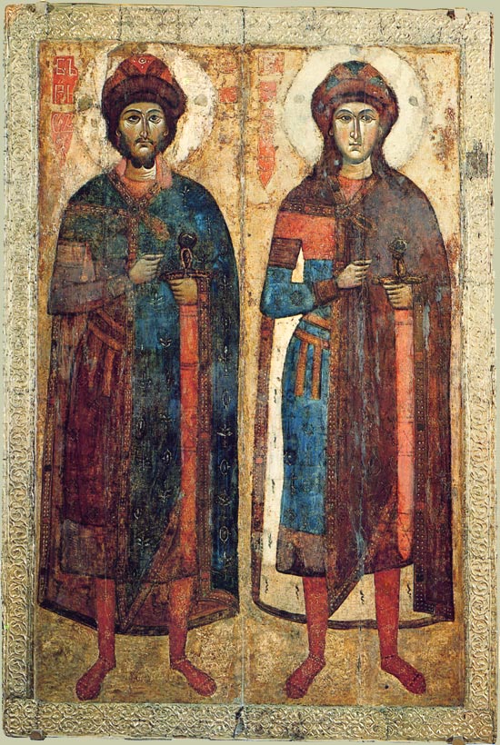 Страстотерпцы Борис и Глеб. Икона,  2-я половина XIII века (поновление - 1-я треть XIV века)