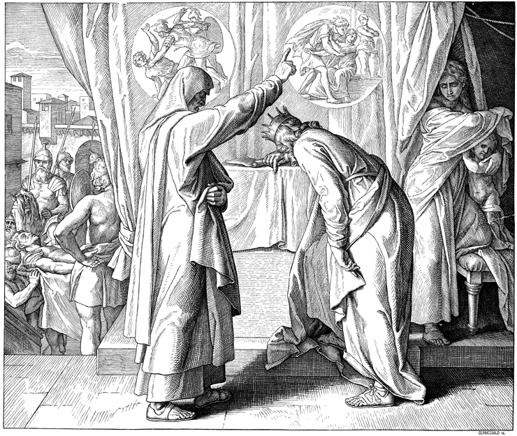 Давид и пророк Нафан, обличающий его прелюбодеяние и убийство мужа. Гравюра. Юлиус Шнорр фон Карольсфельд