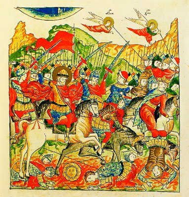 Великий князь Димитрий Иоанович возглавляет русское войско в Куликовской битве. Миниатюра из Жития прп. Сергия Радонежского. Конец XVI века (РГБ. Ф. 304/III. №21/М. 8663. Л. 245