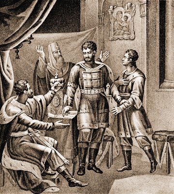 Великий князь Дмитрий Донской утверждает новый порядок наследования, 1389 год". Литография П. Иванова по рис. Б. А. Чорикова. 1838 год (ГПБИ)