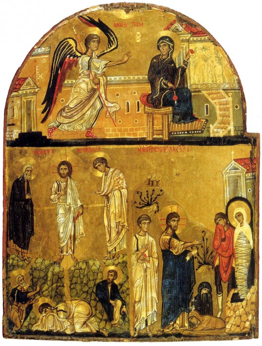 Благовещение, Преображение и Воскрешение прав. Лазаря. Синай. Икона, XII век