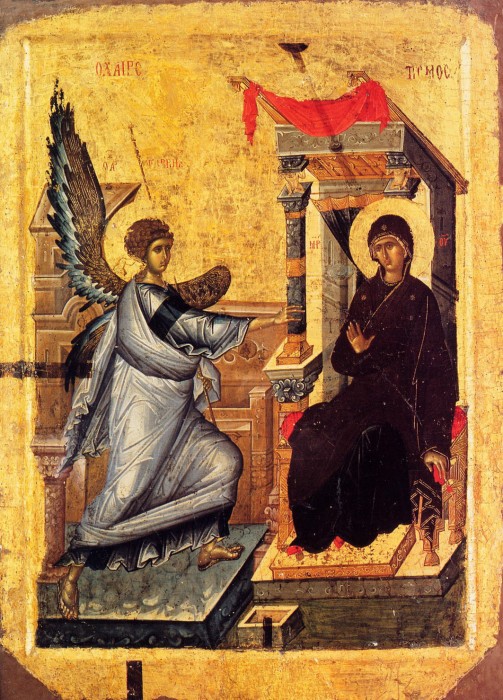 Благовещение, оборот иконы "Богоматерь Психосострия". Орхид,  XIV век