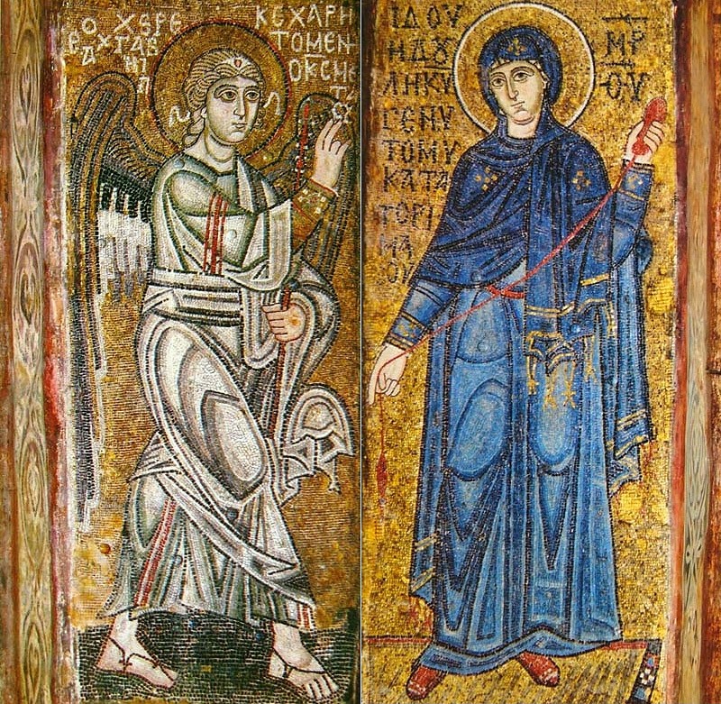 Благовещение, мозаики на двух столбах Софии Киевской, около 1040 год