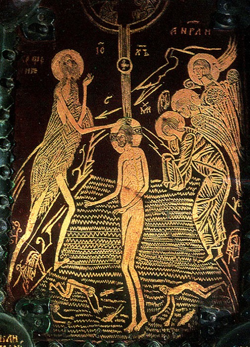 Крещение Господне. Деталь Васильевских врат, 1336 год. Техника золотой наводки на меди