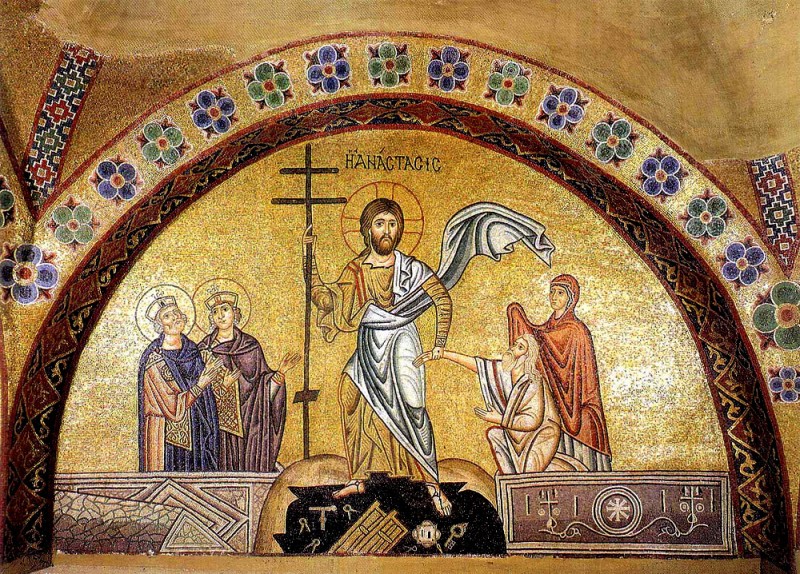 Воскресение Христово (Христос разрушил адовы врата - они летят во тьму, и берет за руку Адама, рядом стоит Ева) Мозаика монастыря Осиос Лукас, XI век