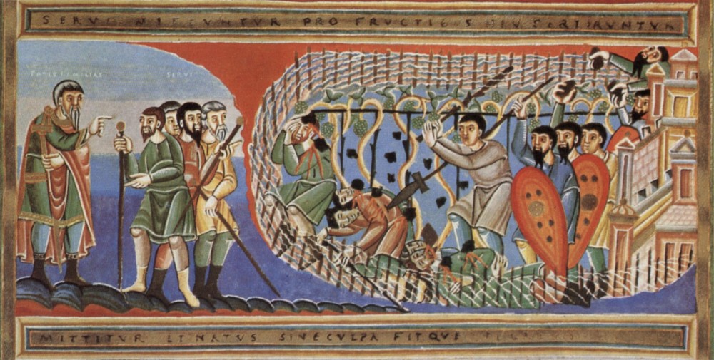 Великий Вторник. Притча о злых виноградарях. Книжная миниатюра, XI век