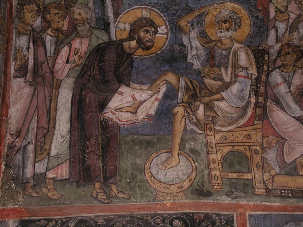 Великий Четверг. Умовение ног апостолов. Роспись церкви Панагии Асину в Никитари, 1105 год. Кипр
