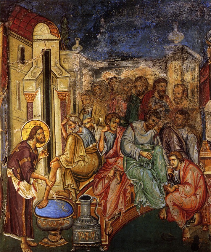 Великий Четверг. Умовение ног апостолов. Фреска монастыря Ватопед, начало XIV века. Афон