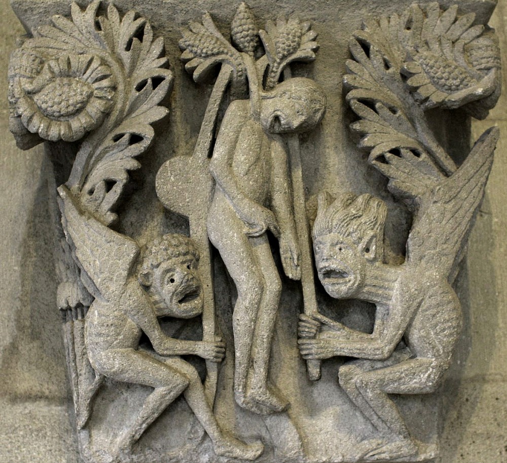 Великая Пятница. Смерть Иуды. Капитель церкви св. Лазаря, Франция, XII век