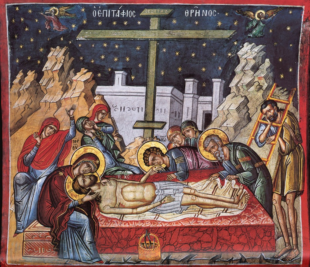 Великая Пятница. Оплакивание Христа. Фреска монастыря Дионисиат, Афон. Середина XVI века