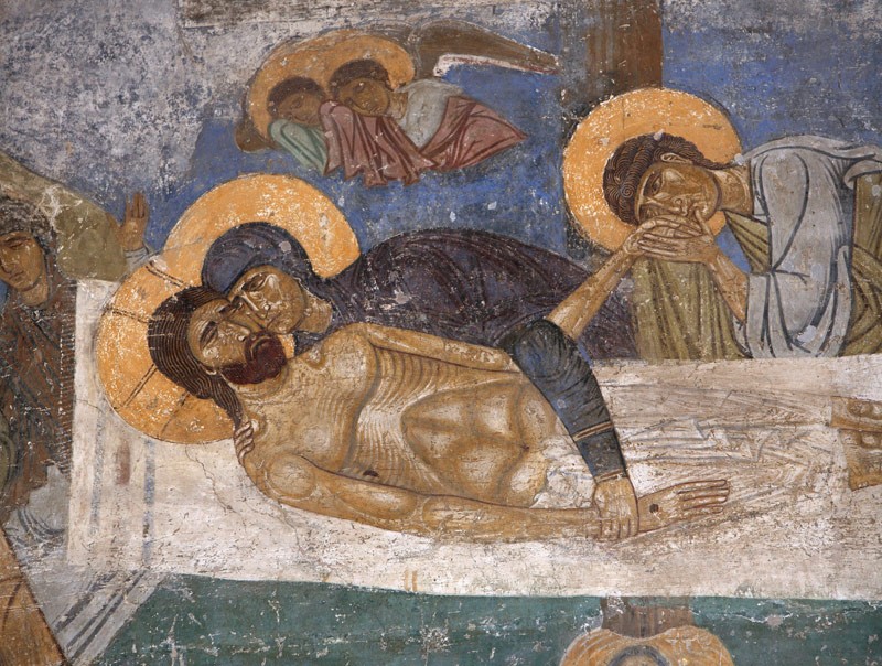 Великая Пятница. Оплакивание Христа. Фреска Спасо-Преображенского собора Мирожского монастыря во Пскове. 1140-е годы