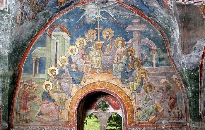 Пятидесятница. Фреска, XIV век. Печская патриархия, Сербия