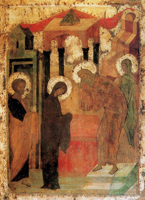 Сретение Господне. Икона из иконостаса Троицкого собора Троице-Сергиевой Лавры, около 1425 г. Приписывается Андрею Рублеву