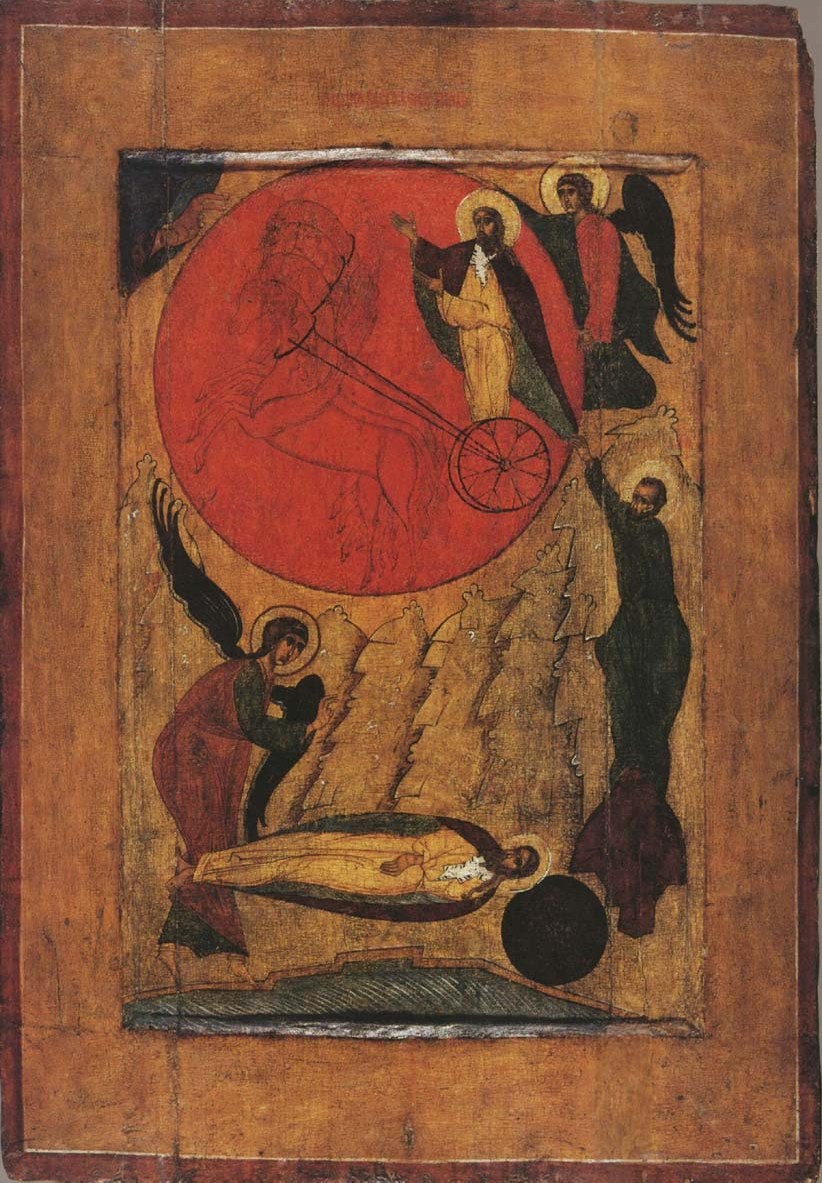 Пророк Илья возносится на огненной колеснице. Икона, конец XV - начало XVI века. Карелия