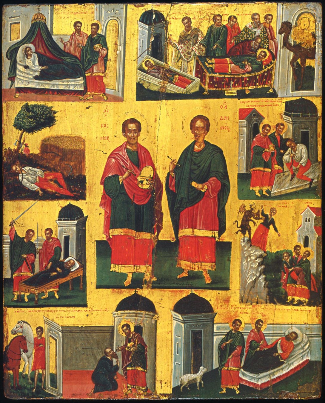 Святые врачи Косма и Дамиан. Икона с житием, 1600 год