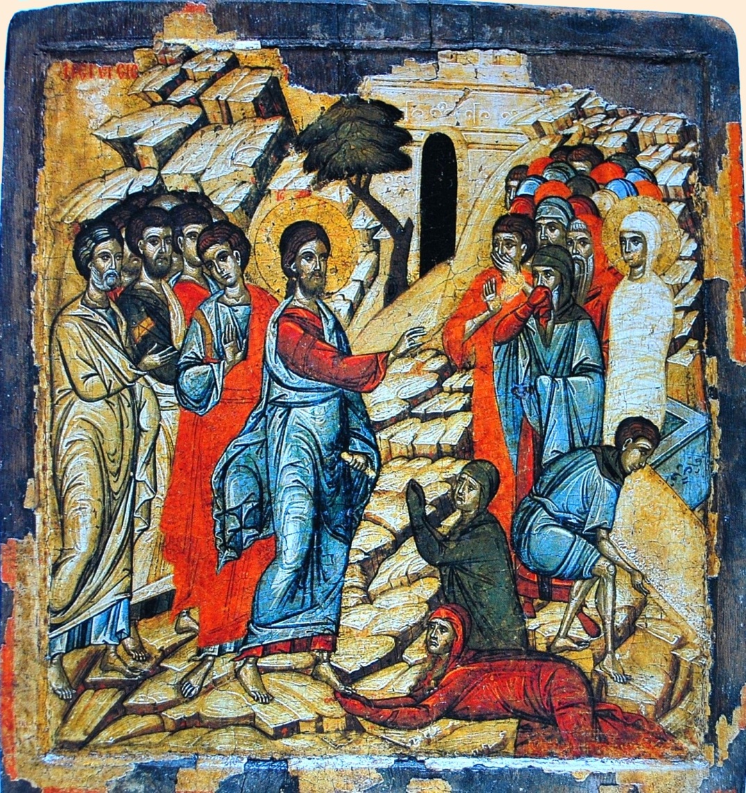 Воскрешение праведного Лазаря. У ног Христа  - праведные Марфа и Мария. Икона из монастыря святой Екатерины (Синай)