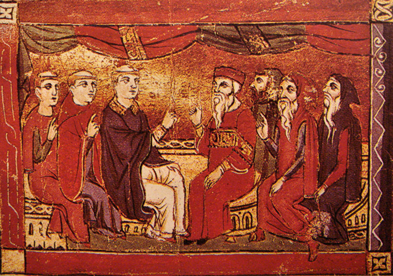 Полемика между православными и католиками. Миниатюра, XIII век