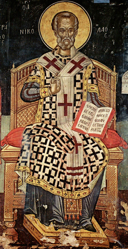 Святитель Николай Мирликийский. Фреска церкви святителя Николая, 1546 год. Монастырь Ставроникита, Афон.