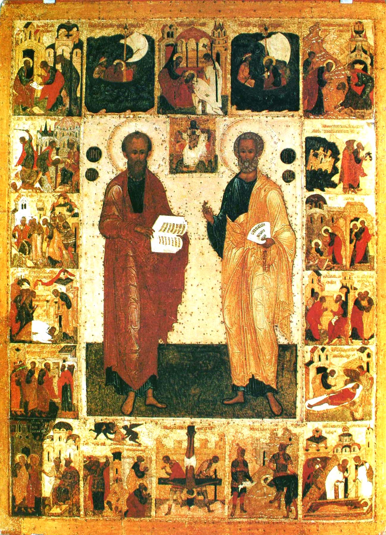 Первоверховные апостолы Петр и Павел с житием. Икона, XVI век. Новгород