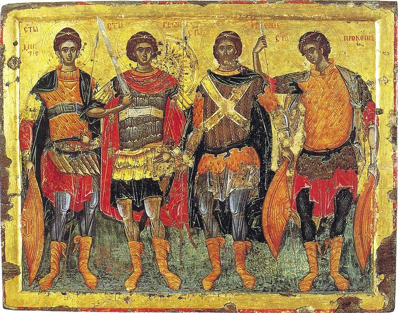 Четыре святых православных воина (слева направо): Димитрий, Георгий, Артемий и Прокопий. Икона, 1618 год. Монастырь Хиландар (Афон)