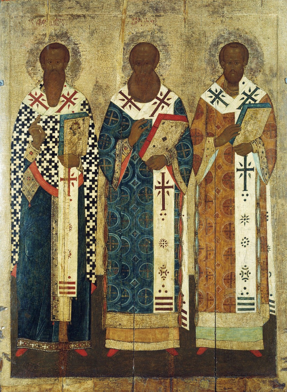Василий Великий, Григорий Богослов и Иоанн Златоуст. Икона, между 1610 и 1616 годами. Иконописец Семен Хромой