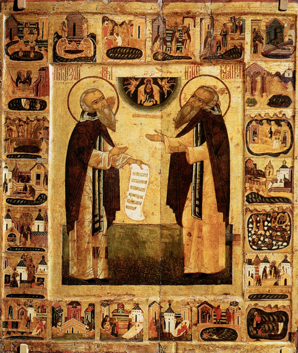 Преподобные Зосима (слева) и Савватий (справа) с житием. Икона, конец XVI века