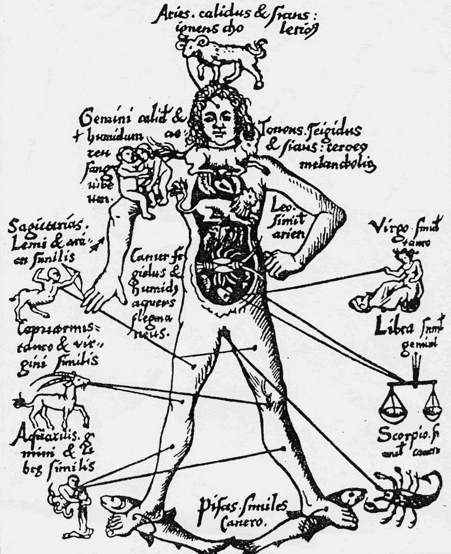 Связь знаков зодиака и планет с органами человеческого тела по представлениям астрологов. Гравюра 1503 года.