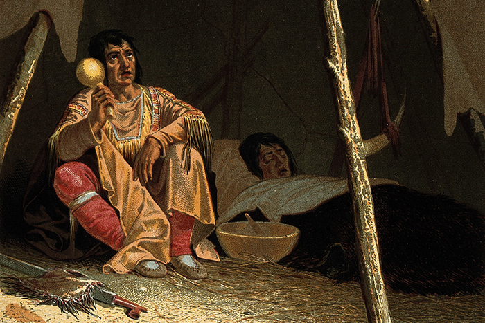 Christian Schussele. Индейский шаман во время лечения больного