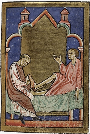 Исцеление обувью, принадлежащей святому Кутберту. Конец XII века