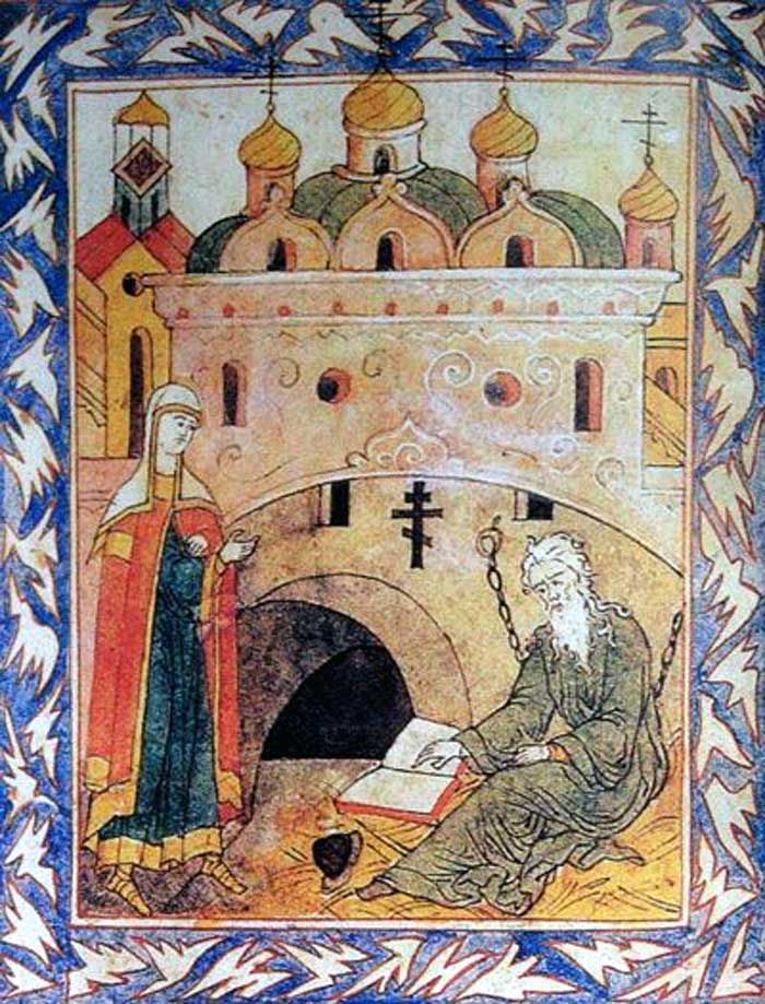 Боярыня Феодосия Морозова посещает протопопа Аввакума в заключении. Аввакум Петров (1620 - 1682) рукоположен в диаконы в 22 года, в сан священника в 24 года