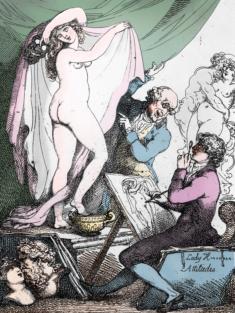Карикатура на живые картины ("аттитюды") Эммы Гамильтон. 1790-е гг. Несложно догадаться по данной карикатуре, что Эмма прославилась благодаря "искусству" банальной порнографии