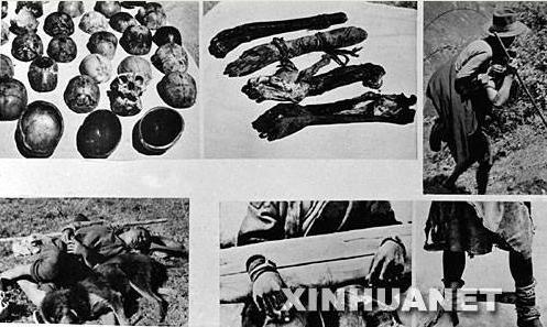 Верхний ряд слева направо: Поделки тибетских лам из черепов казненных рабов - Обереги из отрубленных рук (их следовало носить у пояса) - Раб тащит на спине другого раба, которому отрубили ноги за ослушание хозяина. Нижний ряд слева направо: Раб и собака: одна подстилка на двоих - Раб в колодке - Женщина раб с отрубленной ступней