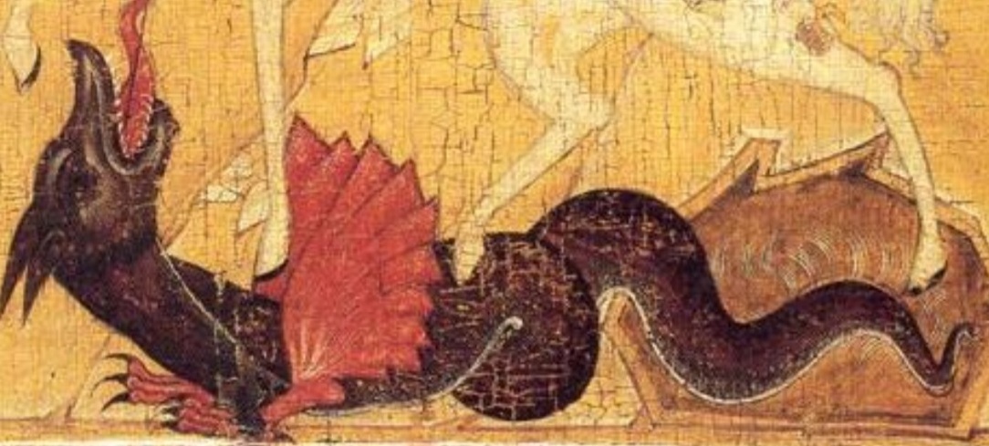 Фрагмент  икон - змей, которого поражает св. Георгий Победоносец. Особенности анатомии не позволяли шаровиптериксу сидеть иначе